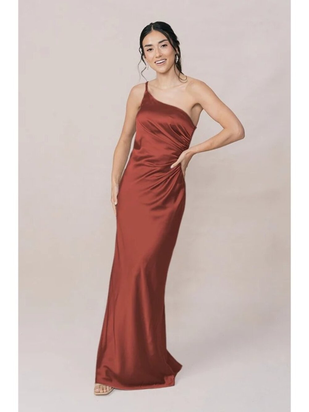 REVELRY Jade One Shoulder Satin Bridesmaid Dress Sz 4 Cinnamon Rose